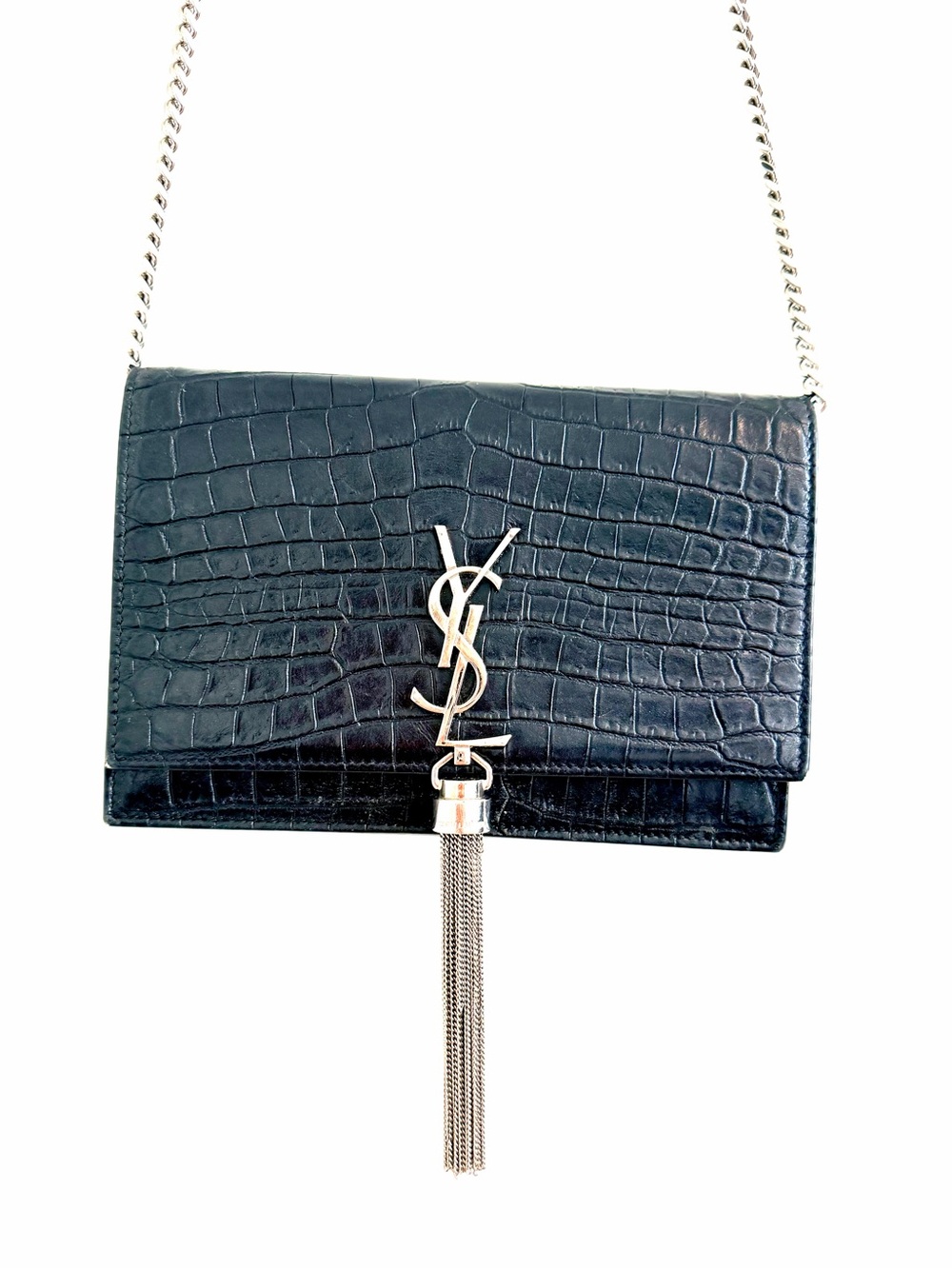 Saint Laurent Black Croc-Embossed Kate Tassel Chain Crossbody